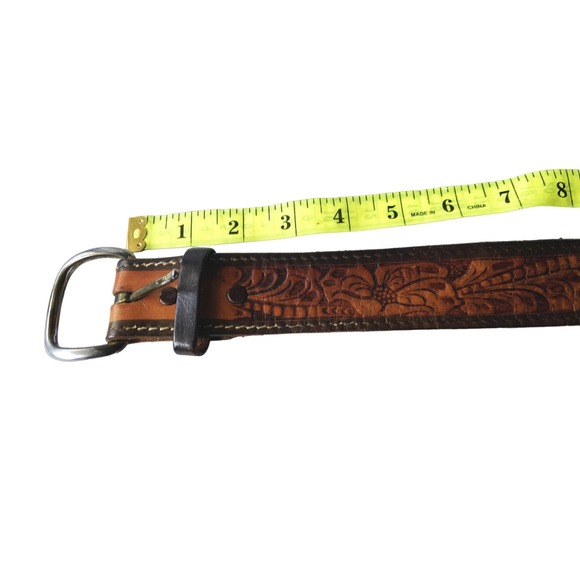 Vintage Brown Leather Belt Floral Embossed Belt B80 - Picture 2 of 4